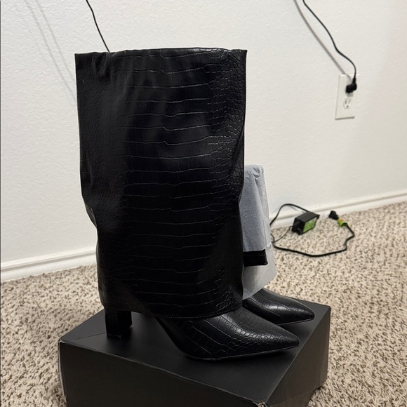 Fashion Nova Shoes - Black Croc-Embossed Pointed-Toe Mid-Calf Boots